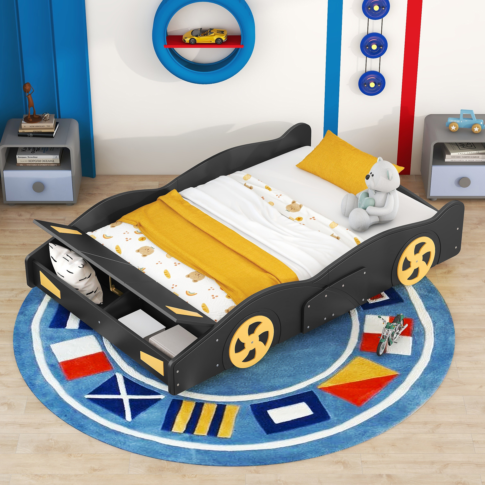 Full Size Race Car Bed with Storage Wheels Black Yellow Design  