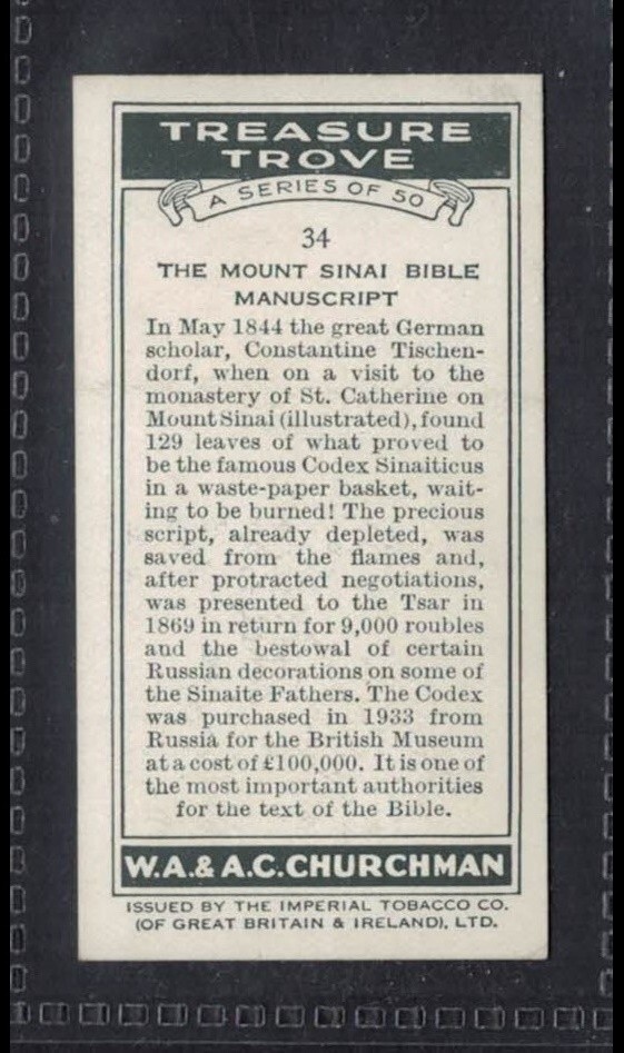 bible tobacco MOUNT SINAI BIBLE MANUSCRIPT - 80 + year old UK Tobacco Card # 34