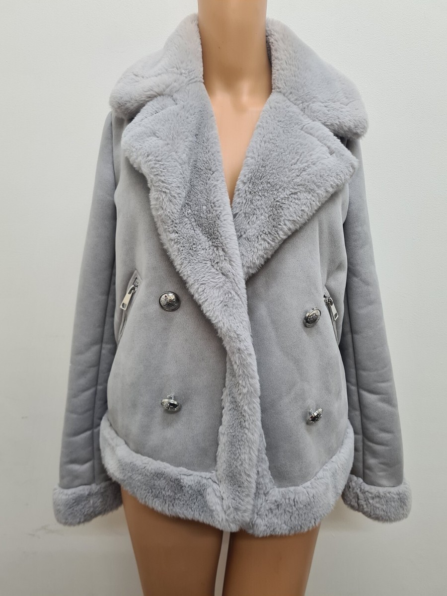 Faux Suede Jacket Grey Faux Fur Lined Fallaway Jacket RIVER ISLAND