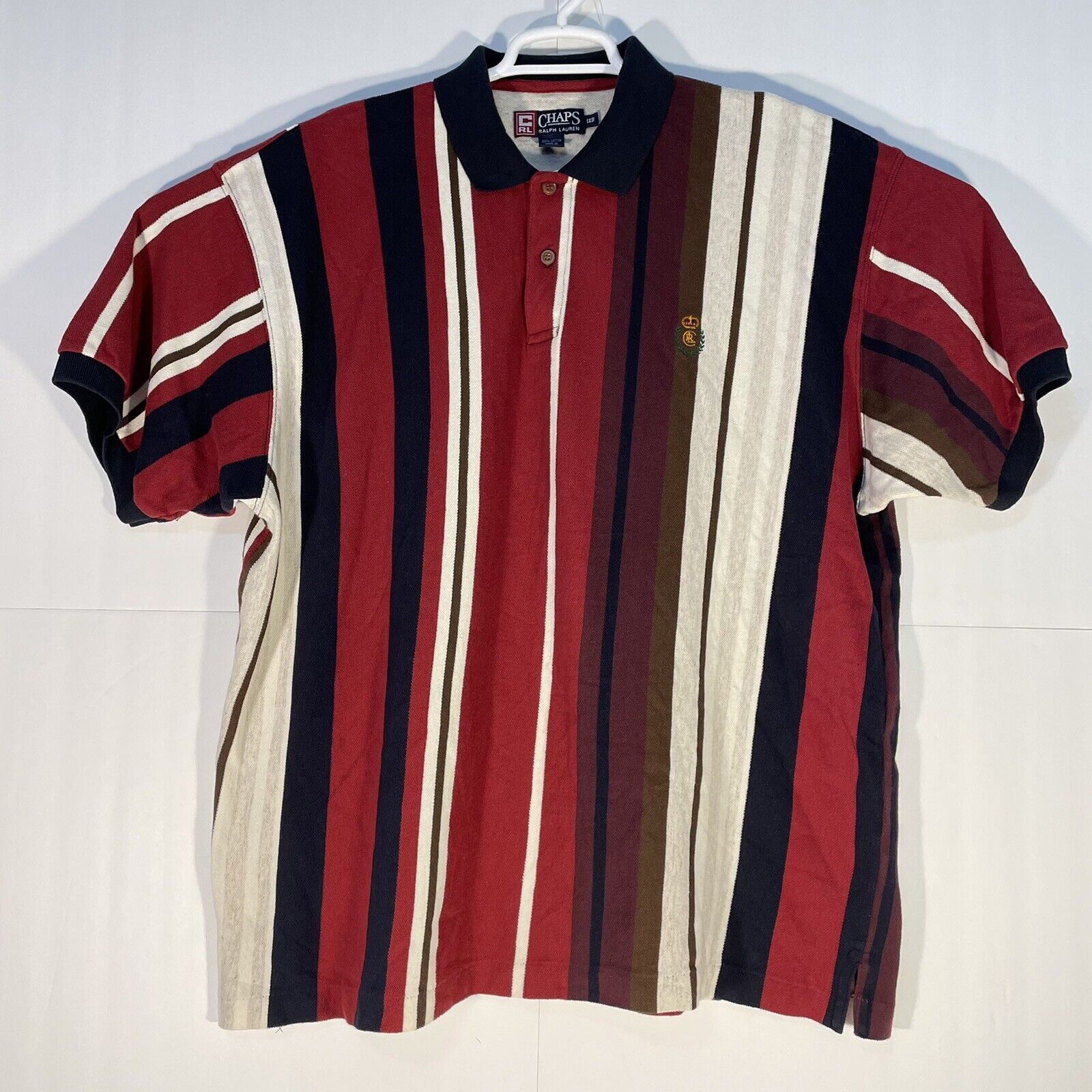 Vintage Chaps Ralph Lauren Oversized Polo Shirt 90s Striped Cotton Top 1990s  Size Medium Preppy Classic Red White Blue Black RL Cool 