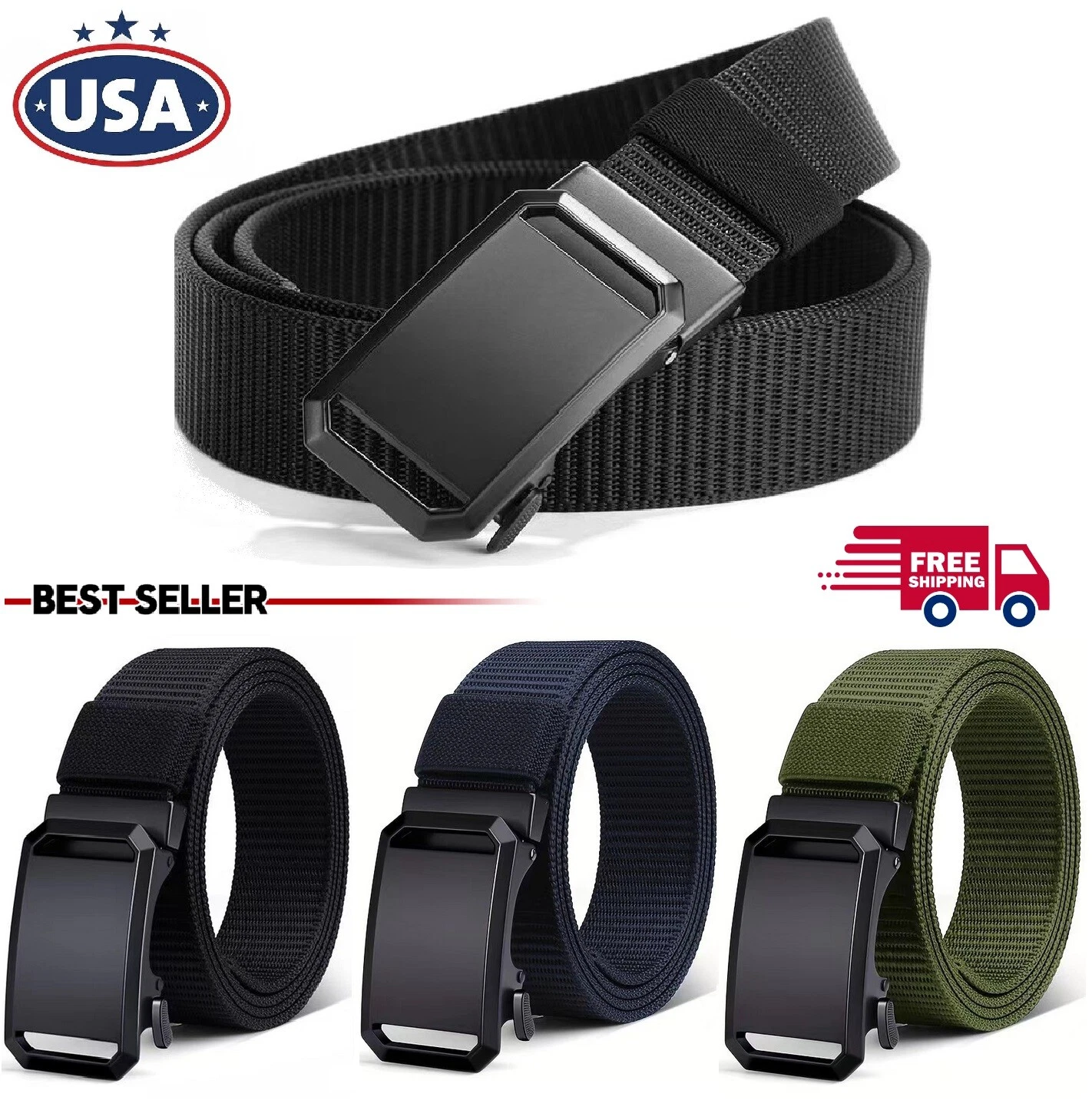 47.2" Mens Ratchet Belt Nylon Web Belts for with Automatic Slide Buckle Tactical