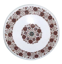 24" White Marble Side Coffee Table Carnelian Stone Floral Inlay Art Garden Decor