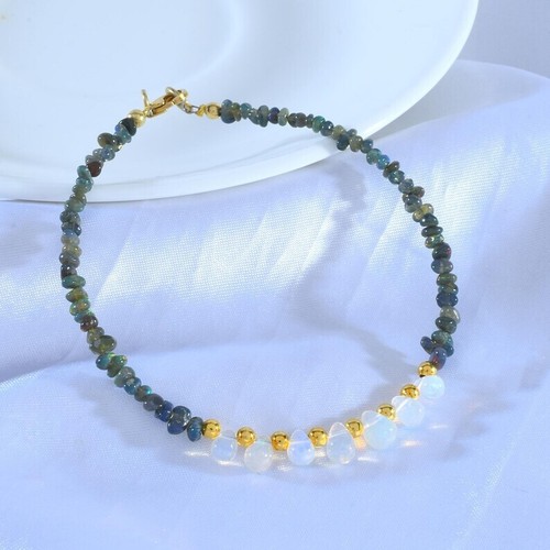 Pulsera hecha a mano con cadena de plata 925 con cuentas de ópalo de fuego y ópalo negro Welo natural - Imagen 3 de 17