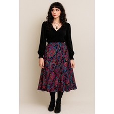 Whimsigoth Fairygrunge Boho Black Multicolor Paisley Ruffle Flowy Maxi L Skirt