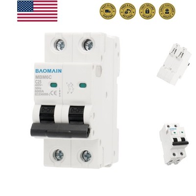 Miniature Circuit Breaker 2-Pole 25A DZ47-63 C25 400VAC, DIN Rail Mount MCB 2...
