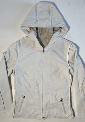 Prada Milano Nylon Blend Full Zip Beige White Hooded Jacket Sz M