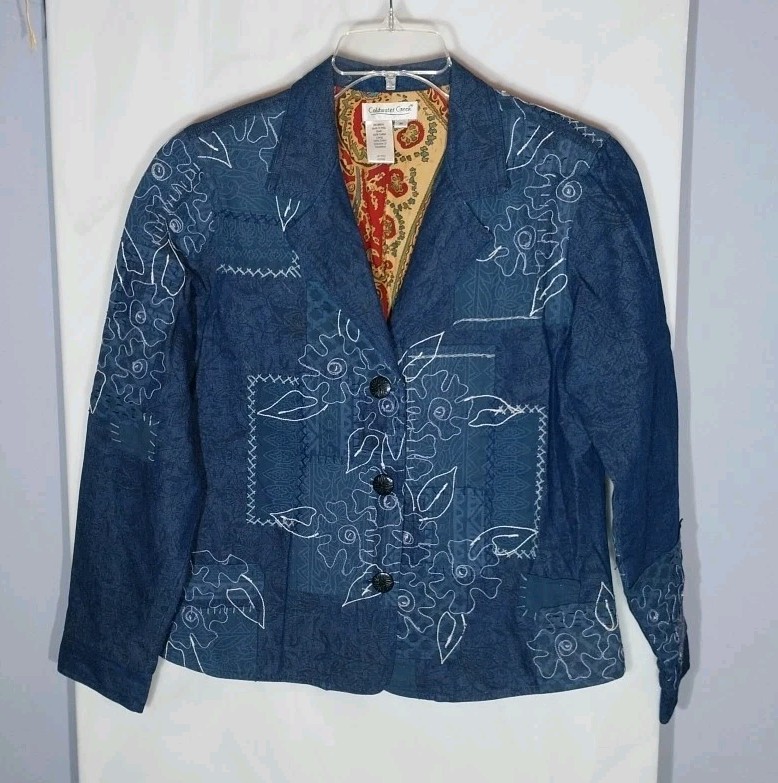 Coldwater Creek Denim Jacket M Patchwork Floral E… - image 1