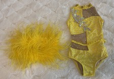 Sassy Jazz Girls Size S Yellow Rhinestone Dance Costume with Feather Skirt