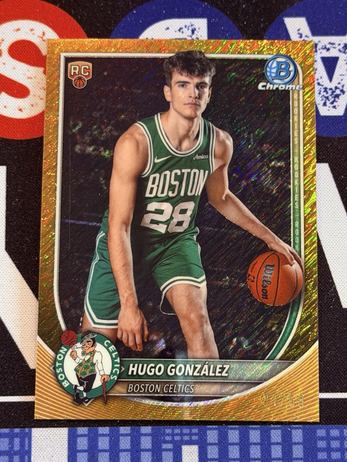 2025-26 Bowman Chrome Hugo Gonzalez Gold Shimmer Refractor /50 RC Celtics BCV-28