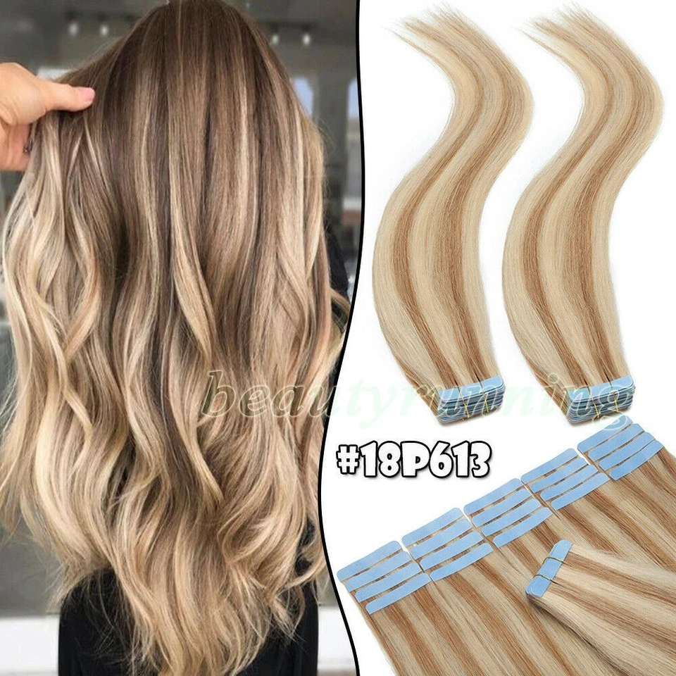 Cinta invisible sin costuras en extensiones de cabello trama de piel 100 % cabello humano Remy 40 piezas Foto 3 de 4