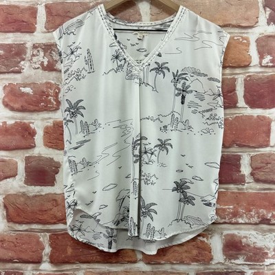 Anthropologie Current Air Top Womens L White Tropical Desert Oasis Artsy Shirt