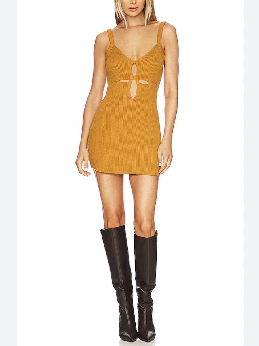 For Love & Lemons Ribbed Knit Maggie Mini Dress Bodycon Orange Mustard XXS  Club | eBay