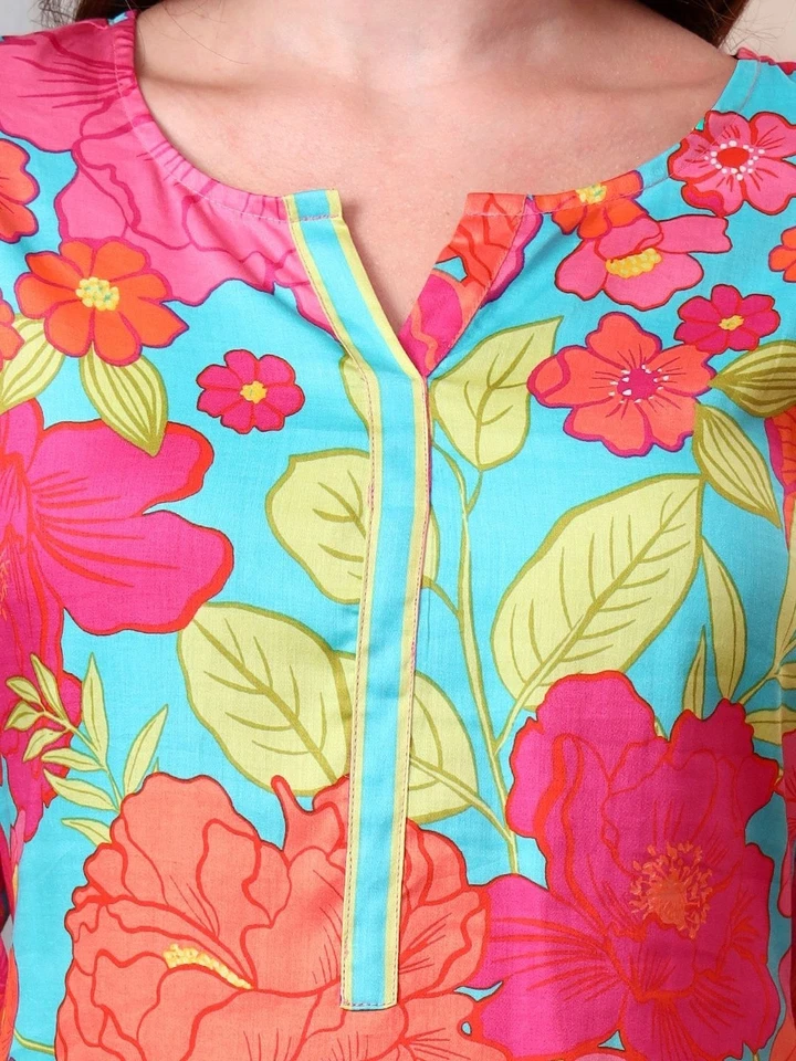 Conjunto de Kurta con pantalón estampado floral satinado algodón premium para mujer india Foto 2 de 4