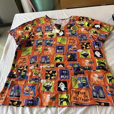 ScrubStar scrub top womens XL Halloween Frankenstein Cats Ghosts Spiders Boo
