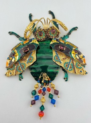 MASSIVE 7.5'' LUNCH AT THE RITZ Beetle Bijoux Enamel Crystal Bug Brooch Pendant