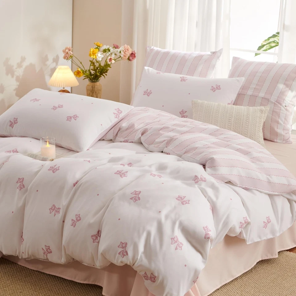 Pink Bow Duvet Cover Twin Size Reversible White Pink Bows Striped Bedding Set... - Image 3 of 4