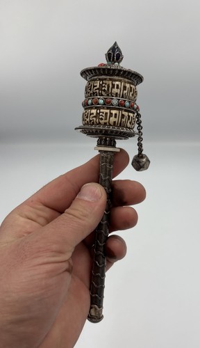 Antique Tibetan Silver Tone Filigree Coral Prayer Wheel 8” Without Scroll