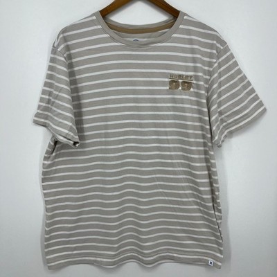 Hurley T-Shirt Men's Size XL Beige Striped Embroidered Logo Short Sleeve