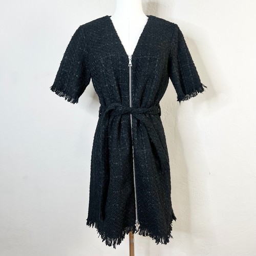 Bardot Boucle Zip Dress Size 6 Black New Tweed Fringe Mini Short Sleeve V-Neck
