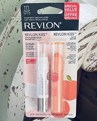 Revlon Kiss Duo Exfoliating Lip Balm Sugar Mint/ Juicy Peach Balm New in Package