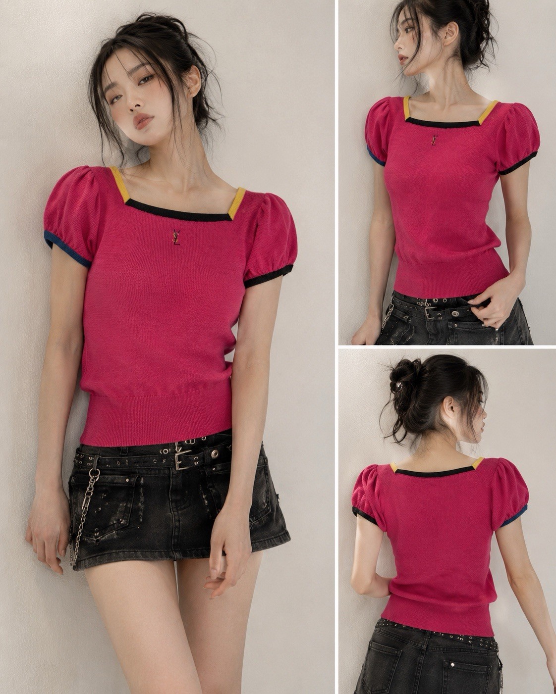 90s Yves Saint Laurent YSL Linen 100% Puff Sleeve Knit Top Pink Short Sleeve