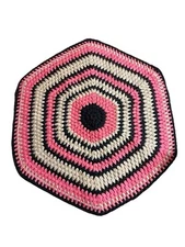 Handmade Crocheted End Table Cover Rug Retro Hexagon Multi Colored 25.5x23.5”