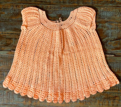 Toddler's Spring Dress Handmade Crochet Peach Yarn Sz 3/4 Girl - Picture 2 of 10