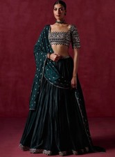 Embroidered Satin Lehenga Size Small Dark Green Sequins Made In India Worn Once