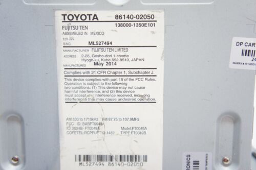 Toyota Corolla 2014 - CD/AM/FM pantalla táctil 100149 86140-02050 OEM *A9582 - Imagen 10 de 13