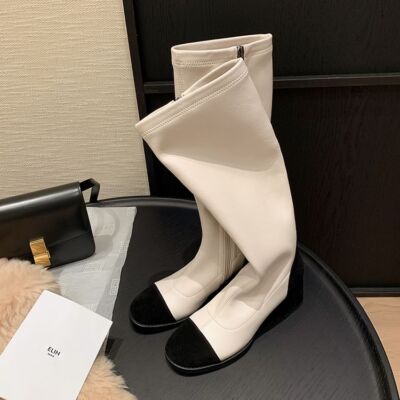 Womens Casual Knee High Boots Round Toe Side Zipper Knight Boots Elastic Boots