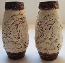 Hohenstein Relief Vases Art Ceramic Cream/Brown Asian Dragon Sage 60s Vtg