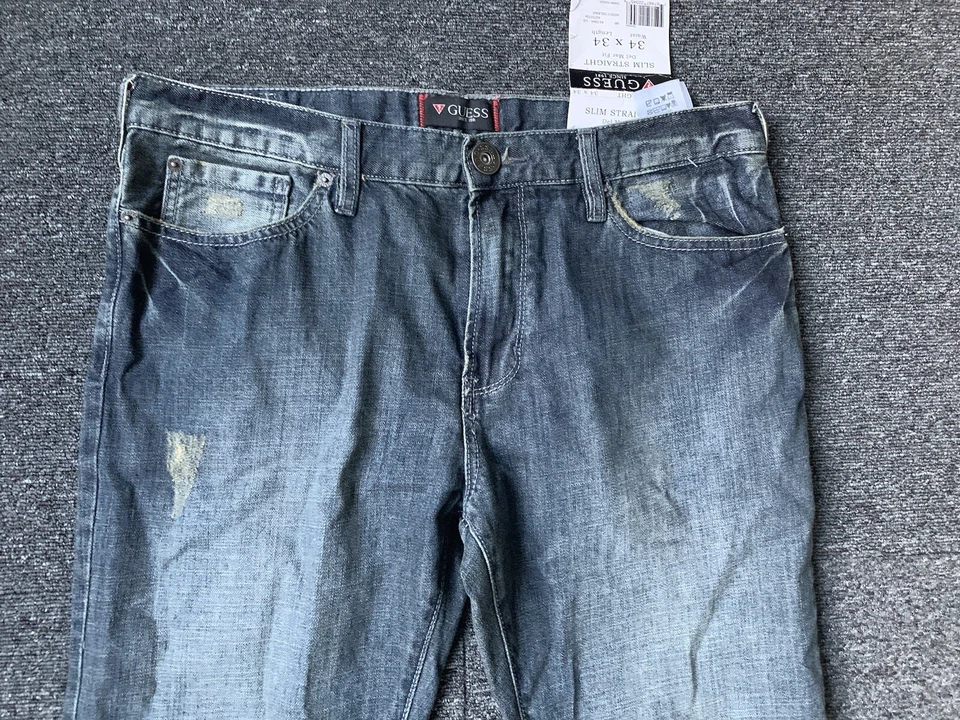 Guess Jeans Mens Slim Straight Del Mar Fit 34x34 Blue Denim Fade Distressed - Image 2 of 4