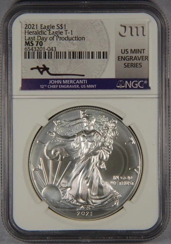 2021 Silver Eagle Dollar Heraldic T-1 NGC MS70 Last Day of Production Mercanti