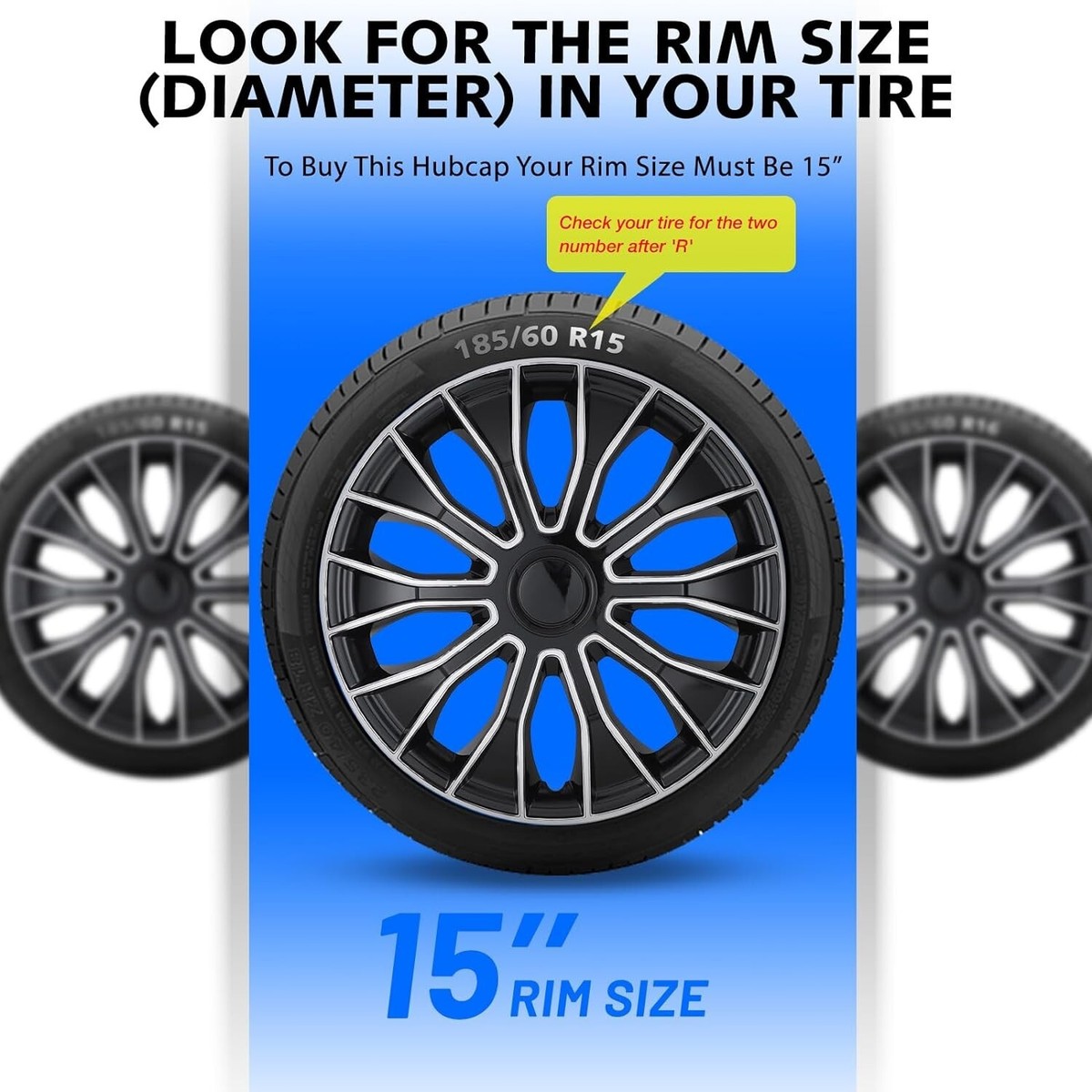 Set Of 4 Wheel Covers For 15 Inch Rims - Snap On Full Hub Caps Silver ABS (USA Style) 6 thumbnail image