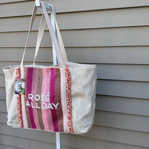 America and Beyond ROSE ALL DAY Tan Pink Large Tote Shoulder Beach Bag New - Picture 11 of 11
