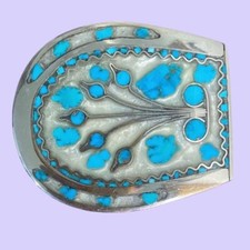 Vintage Western Steel Horseshoe Belt Buckle Inlayed with Natural Stone