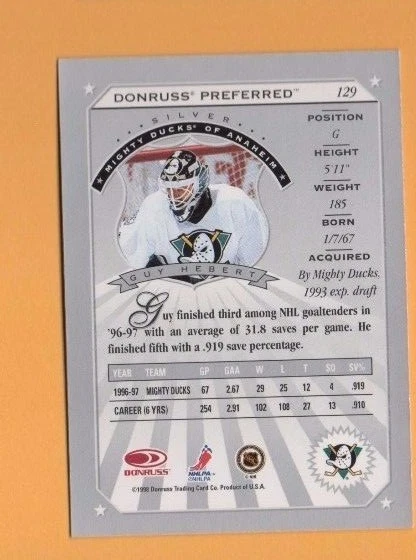 1997-98 Donruss Preferred SILVER # 129 Guy Hebert ANAHEIM DUCKS GOALIE - Image 2 of 3