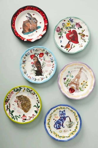 NIB Anthropologie Nathalie Lete Francophile Hedgehog Cat Owl Dinner Plate 10" 