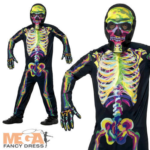 Glow in the Dark Skeleton Boys Girls Fancy Dress Halloween Bones Childs Costume - Picture 1 of 5
