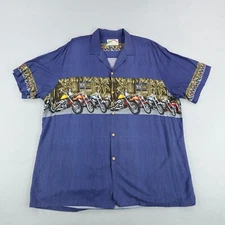 Vintage Paradise Found Shirt Mens 3XL Blue Hawaiian Motorcycles Biker Aloha Camp