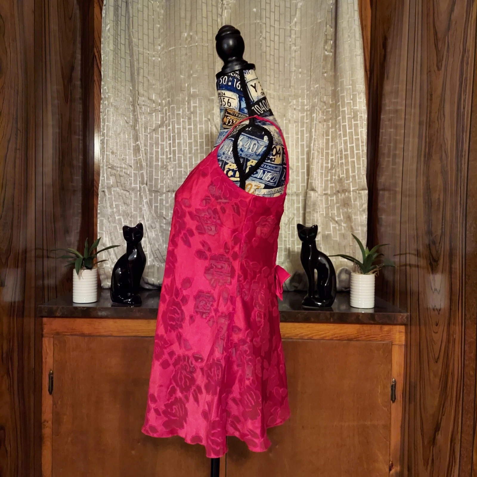 VALENTINO Abito slip vintage Victoria's Secret G Label rosso floreale con cinturini fiocco posteriore taglia S