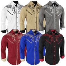 Mens Western Shirt Floral Gold Trace Embroidery Snap Up Pockets Rodeo Fashion