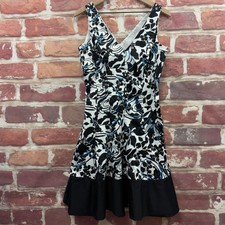 Jones New York Dress Womens 10 Black White Blue Shadow Floral Abstract Zip Up