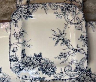 Adelaide Blue Square Dinner Plates Flower, Bird Design 222 Fifth 11 in Set/4 New
