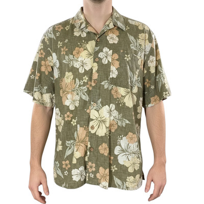 Ocean Pacific Hawaiian Aloha Hemd XL Kurzarm Blumen Hell Oliv Gelb Orange