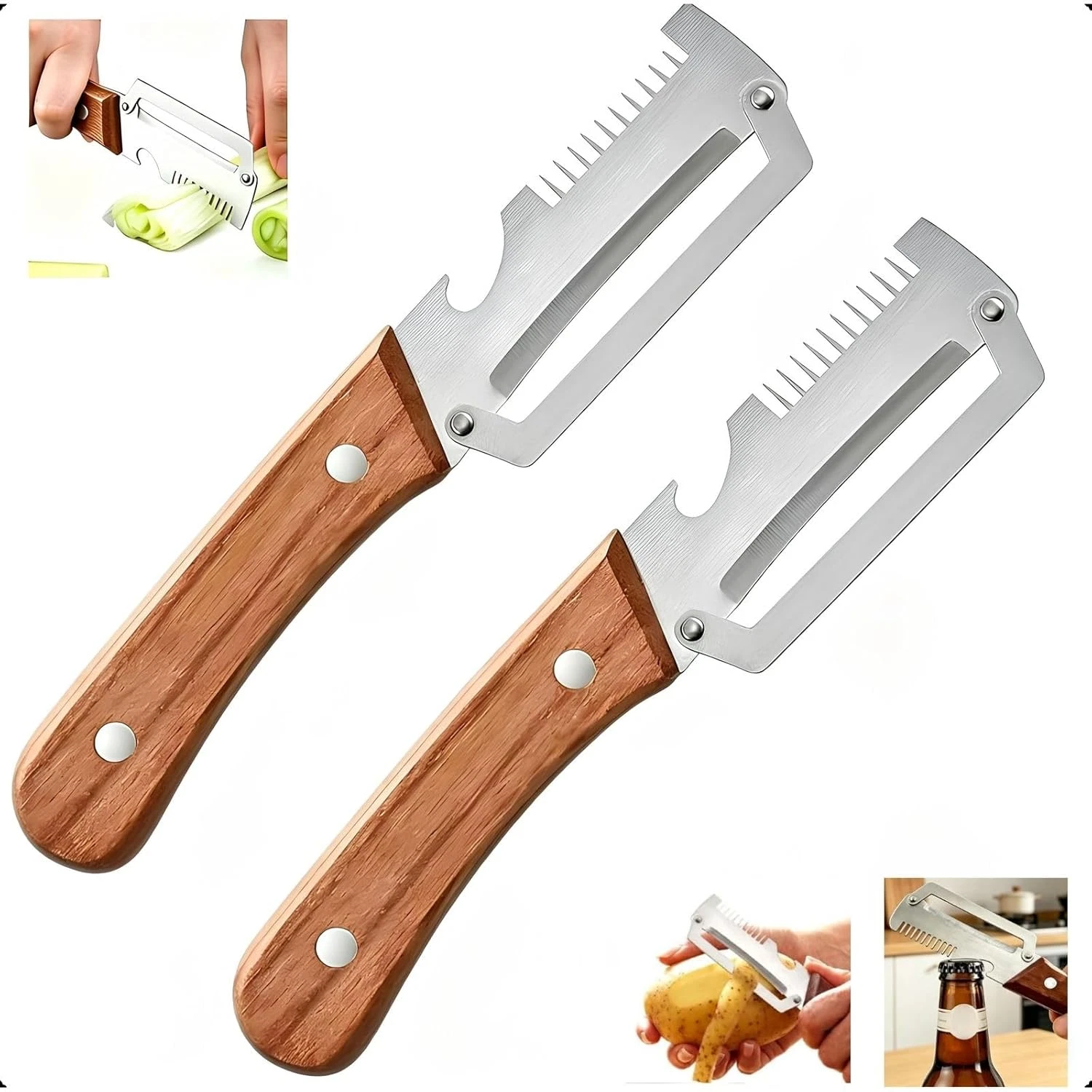 2-Pack Multifunctional Vegetable Peeler, 3 in 1 Kitchen Peeler with Wooden Handl