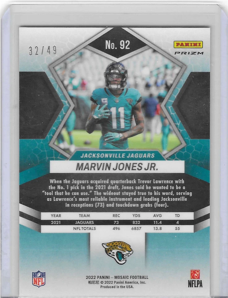 2022 Panini Mosaic Marvin Jones Jr. Jacksonville Jaguars Purple Mosaic Prizm /49 - Image 2 of 2