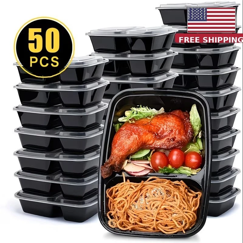 50 Sets 30.6oz Meal Prep Containers 2 Compartment Lids Reusable Stackable.