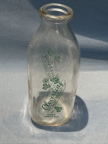 Vintage Antique Quart Glass Milk Bottle Cloverleaf Dairy Company Gary Indiana