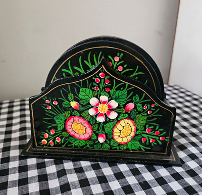 Vintage Handbemalt Holz Blumen Volkskunst Runde Untersetzer & Halter 6er Set 